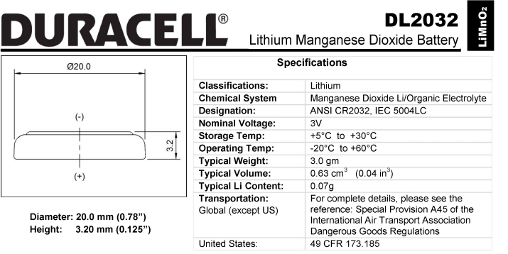 dl2032 battery specifications
